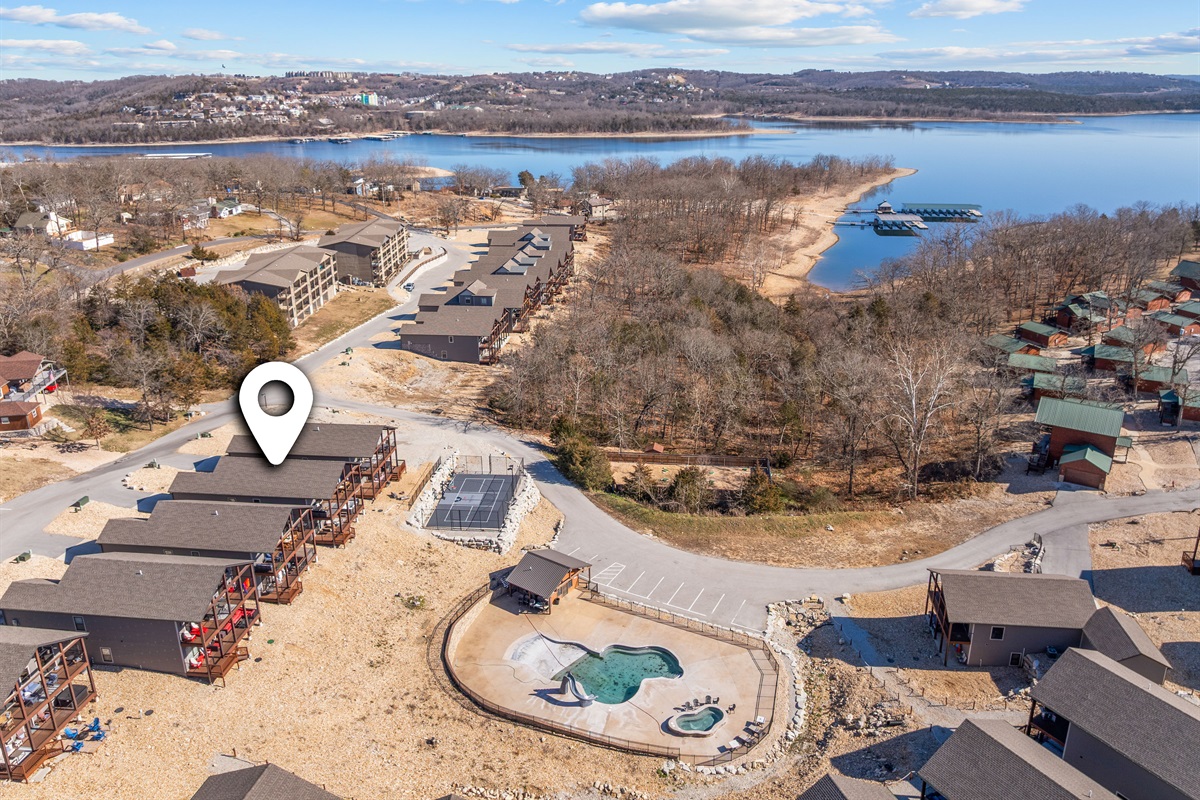 Scenic resort and lake vista from above
