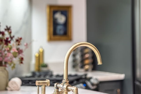 Close-up of the kitchen island showcasing a marble countertop and statement brass faucet with designer detailing.
