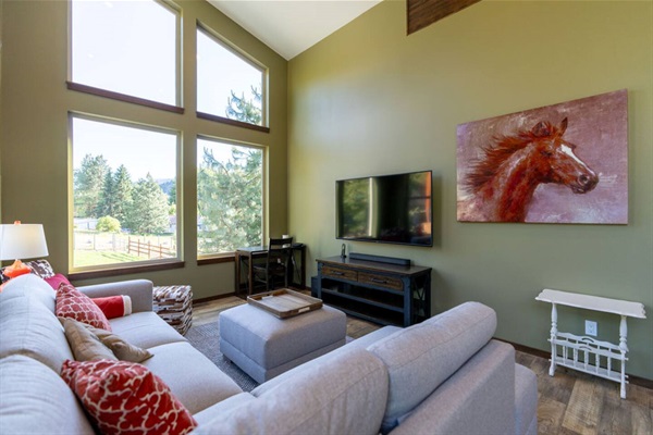 Living room. 65" tv with sound bar.