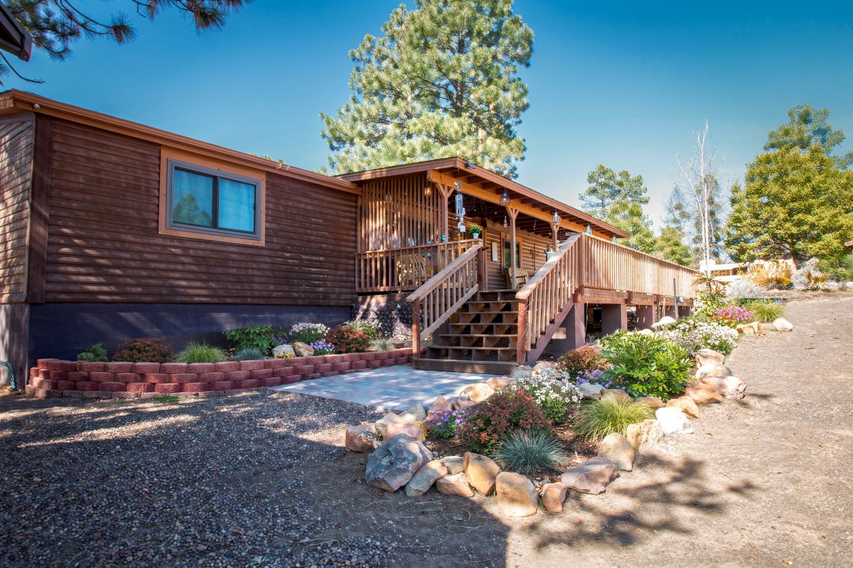 Cozy cabin vibes with nature all around. Photo taken in spring. Winter time the plants will not be full green and deer often eat them. 