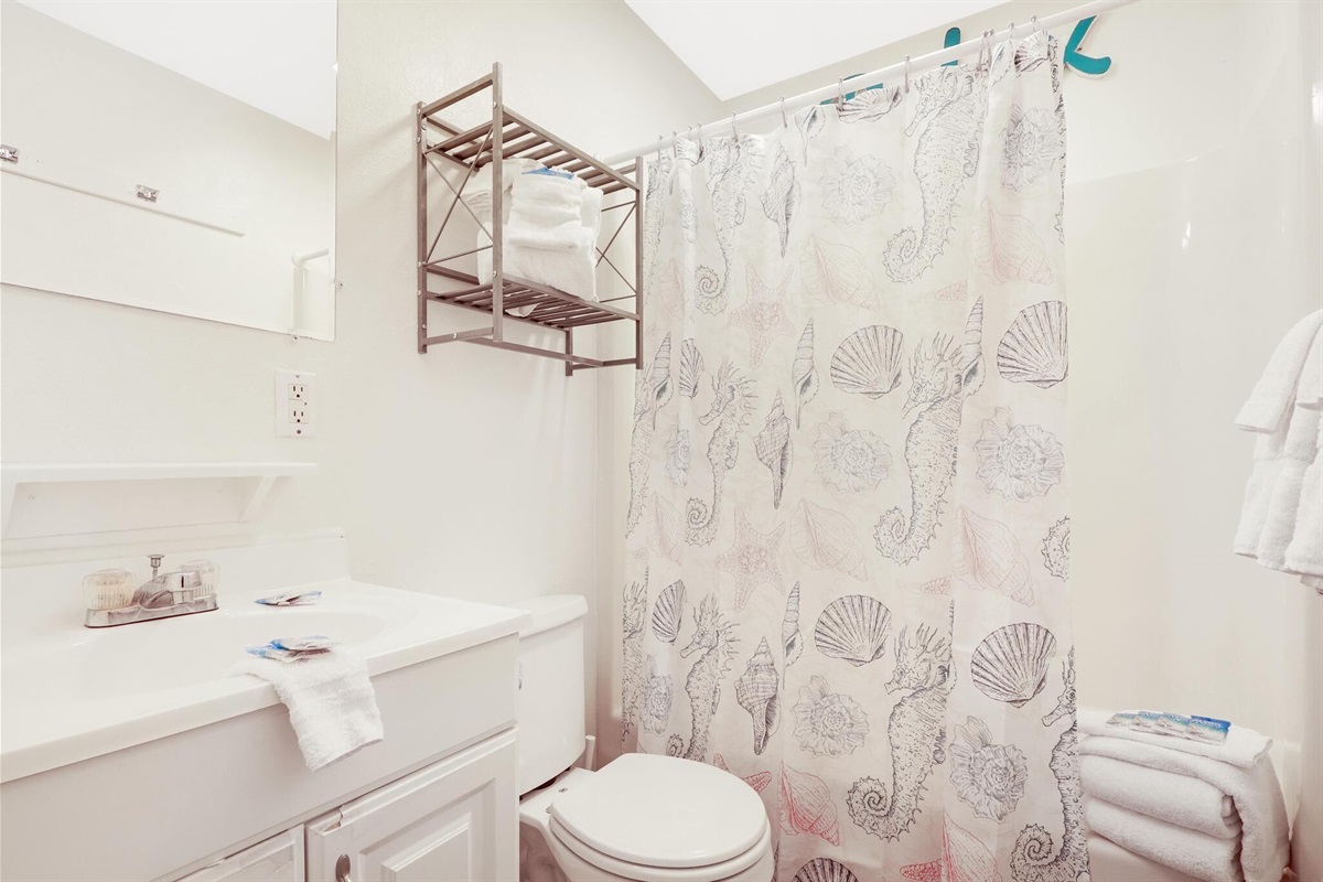 Bathroom - The bathroom features a tub/shower combo, single vanity, and is fully stocked with linens for your stay.