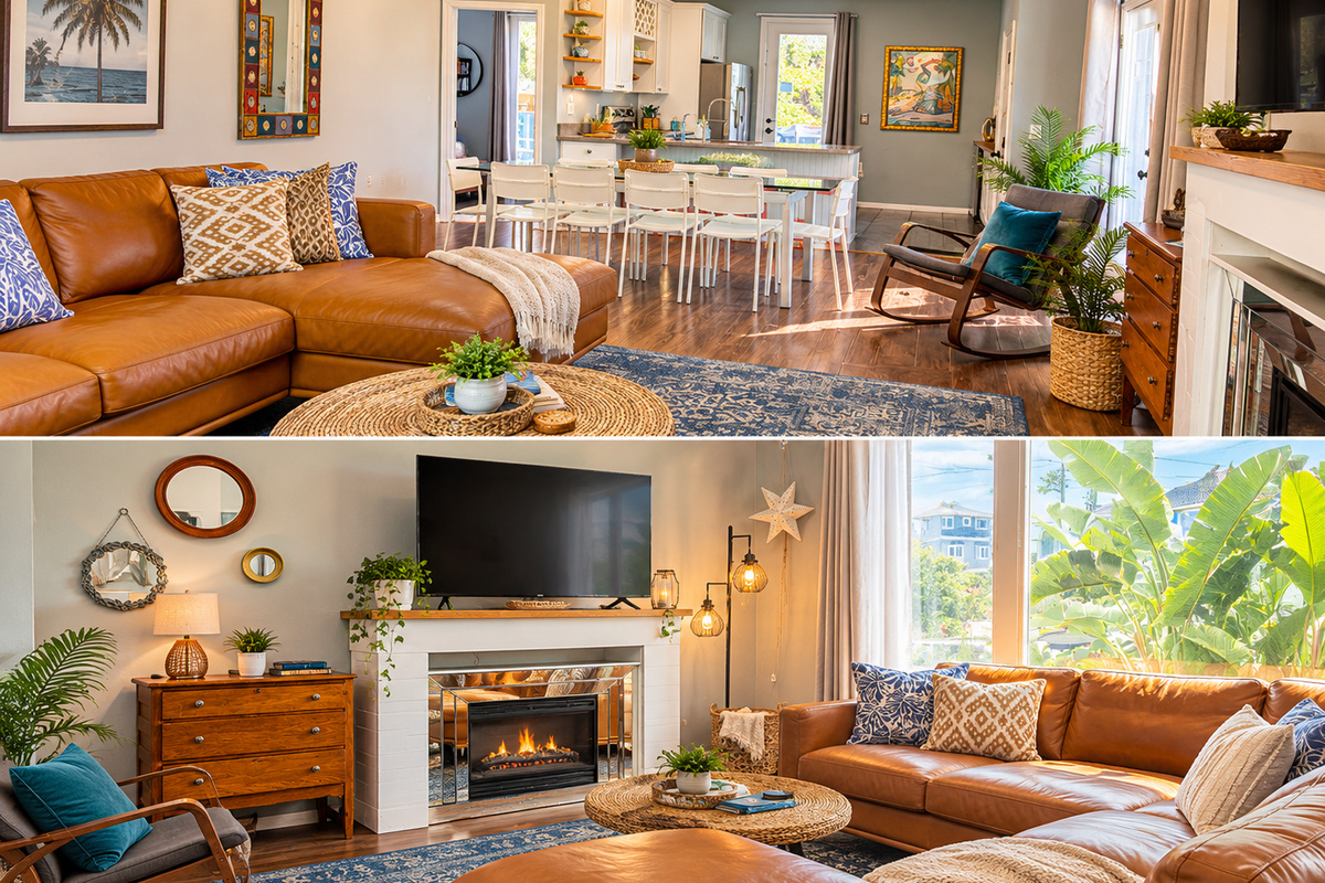 Leather sectional, fireplace and TV in an open living area that flows to the dining table, so everyone stays together.
