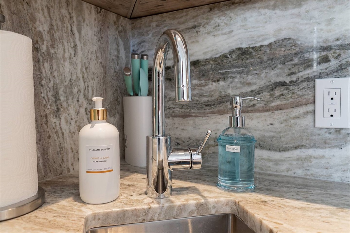 Krauss sink with aromatic dish soap and hand cream from Williams & Sonoma. 