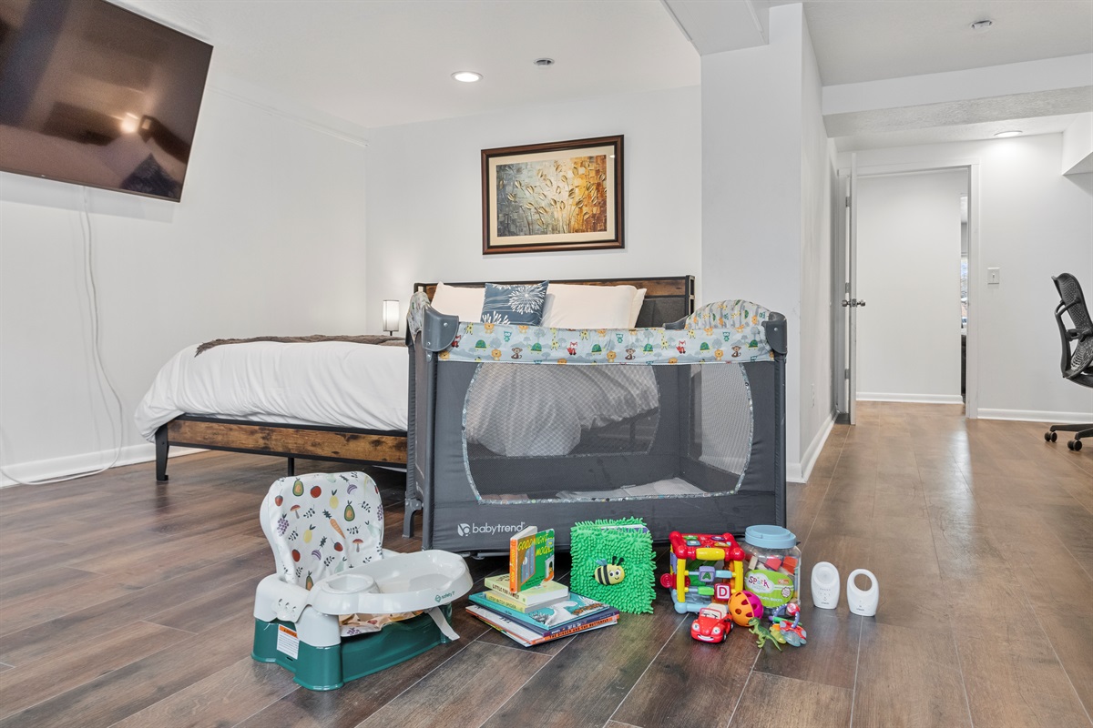 No need to pack up all your baby items. The space always has a pack-n-go crib, a booster seat, baby monitor, toys, and books.