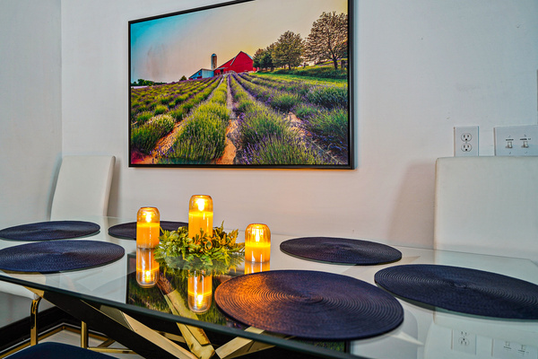 Dining room with plenty of space to seat 6-8 comfortably.