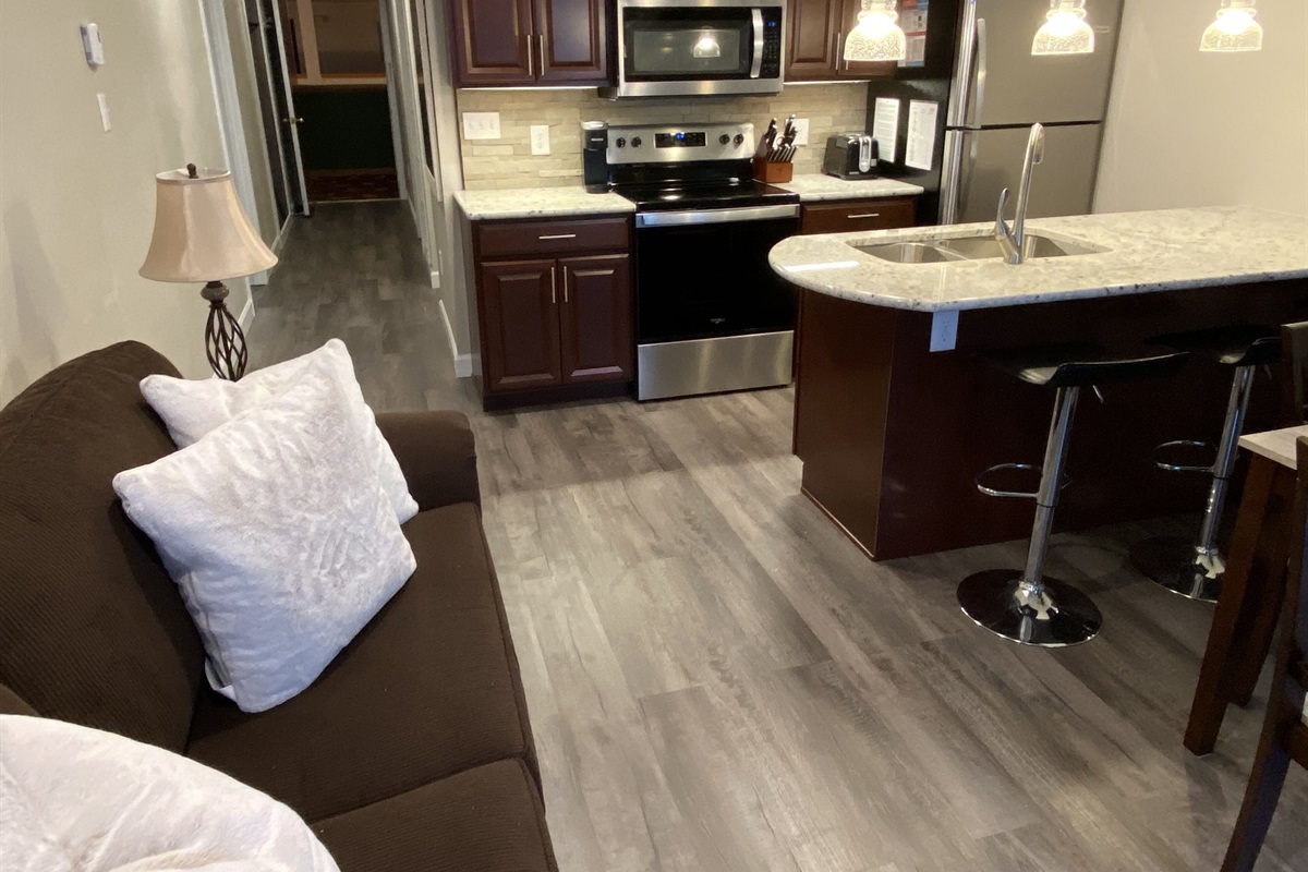 Our full kitchen is well stocked with all you need for cooking in. 