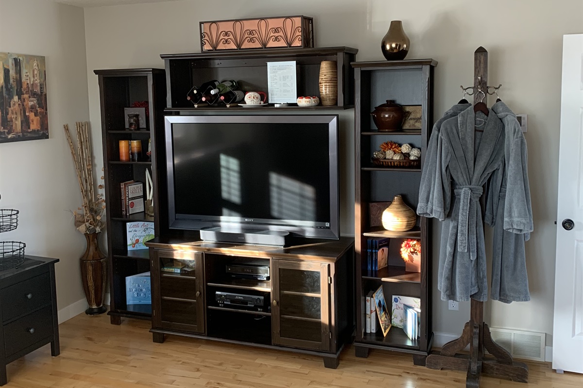 LOFT SUITE BIG SCREEN TV. HAS DVD PLAYER, VCR, CHROME CAST AND CABLE TV.