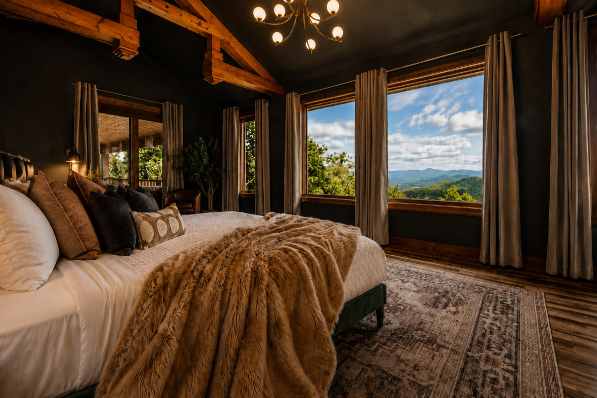 {Master Bedroom} Wake up to sweeping mountain views from this spacious king retreat, complete with soaring wood beams, moody designer finishes, plush bedding, and a cozy faux-fur throw.