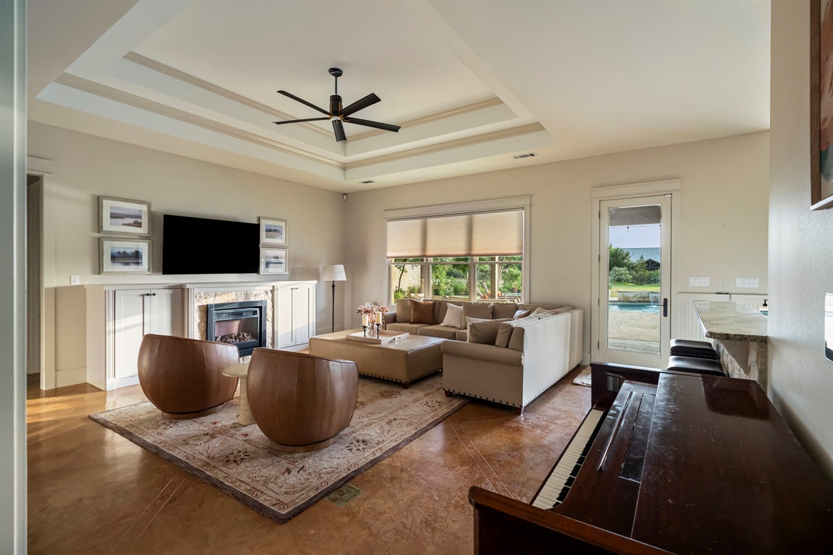 A ceiling fan keeps the space comfortable.
