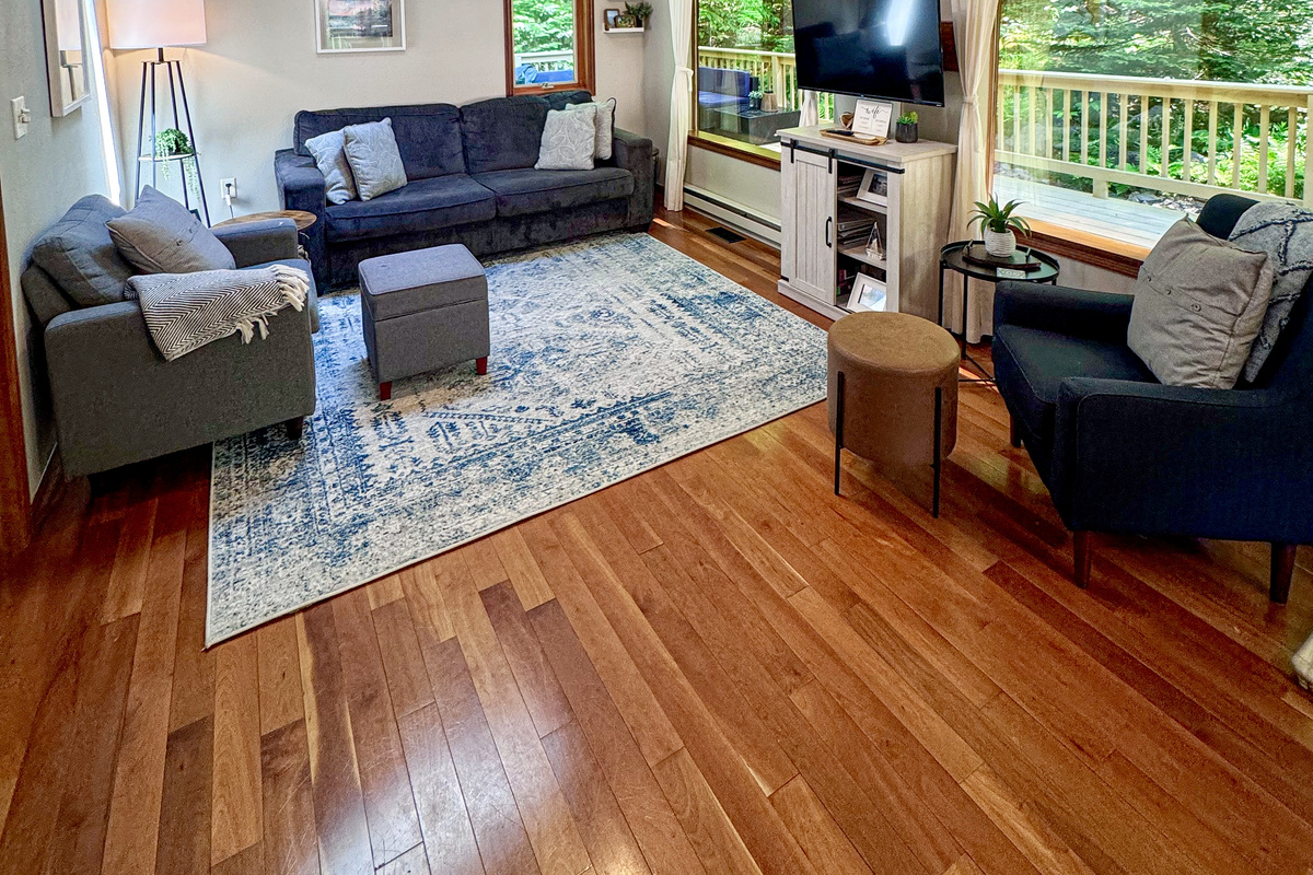Main Cottage living room open concept two huge panoramic mirror reflective windows wooded views skylight vaulted ceilings tons of natural light 