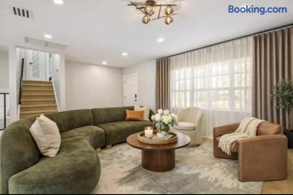Comfortable living room with designer furnishings and open-concept layout