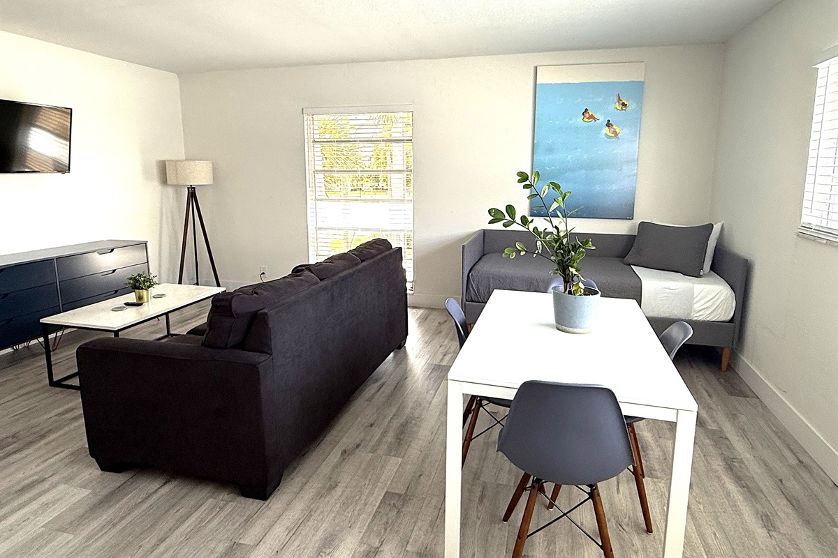 Entry way wide view showing sofa bed, dining table and day bed.