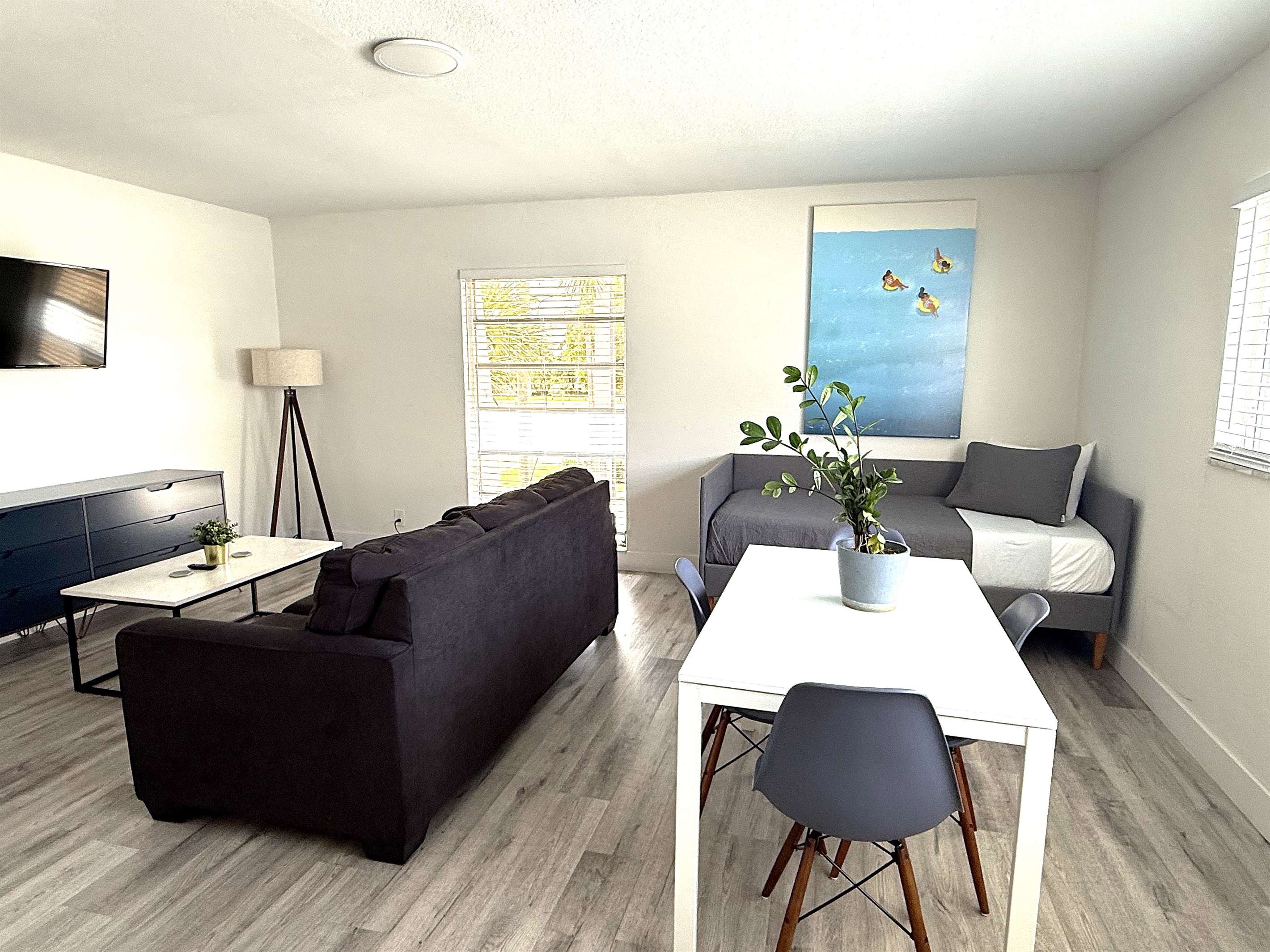 Entry way wide view showing sofa bed, dining table and day bed.