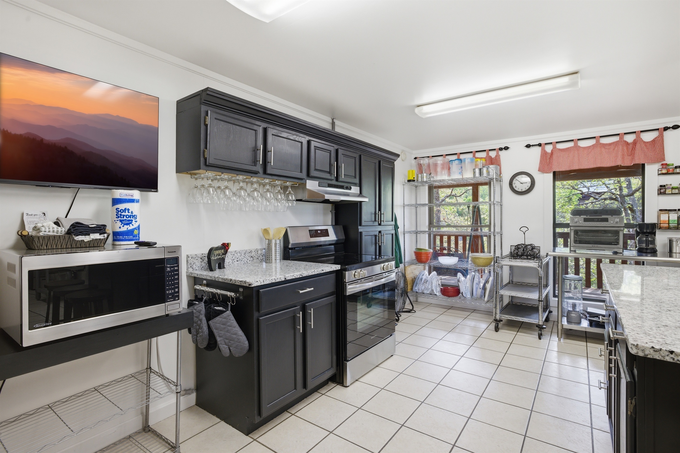 2nd cooking area in Kitchen with Electric stove, Roku TV and Microwave. 