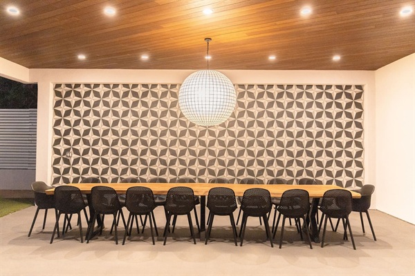 Outdoor dining pavilion - with live edge Pochote wood table.