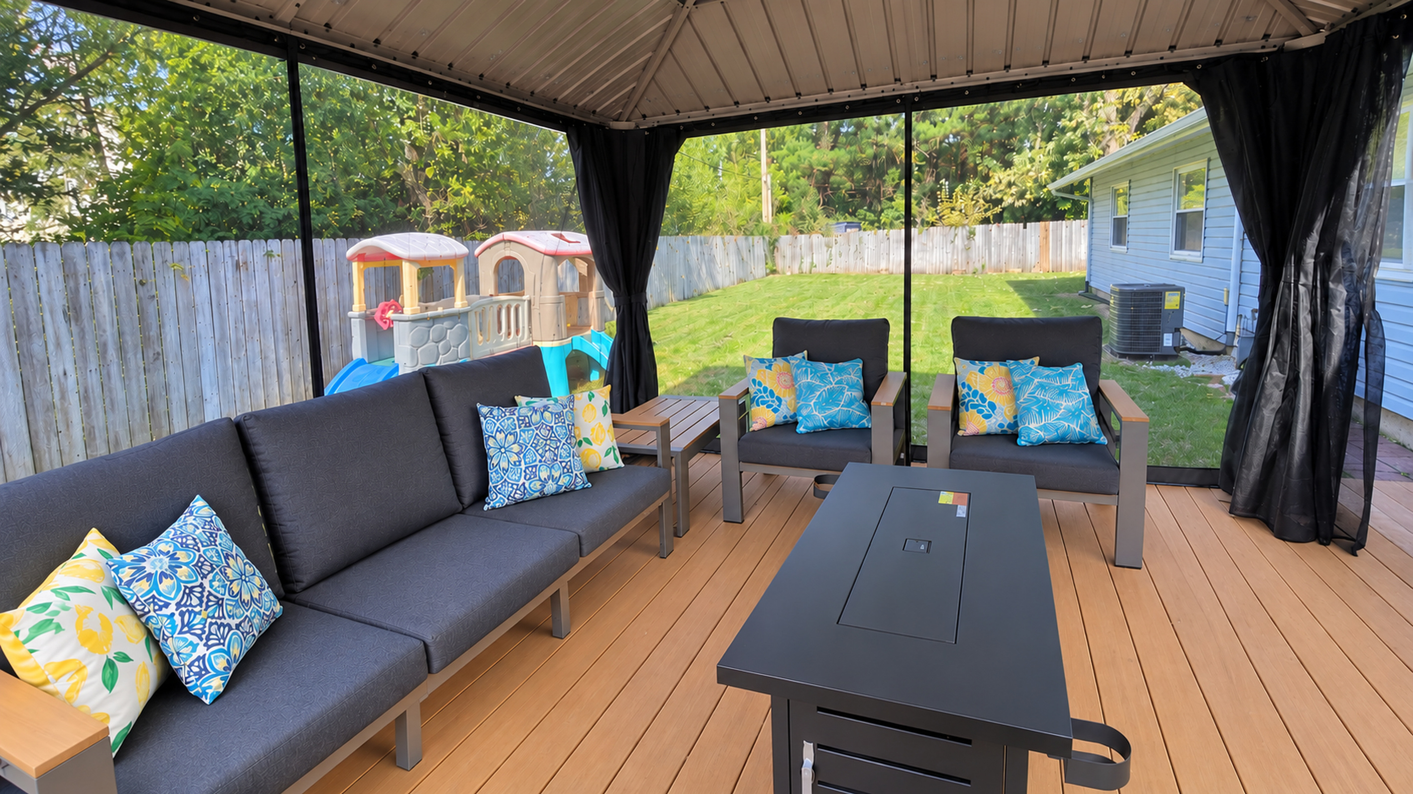 Relax outdoors with zippered bug screens, comfortable seating, and backyard views.