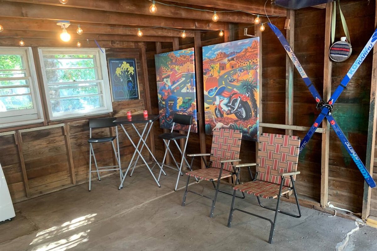 Seating in garage game room.