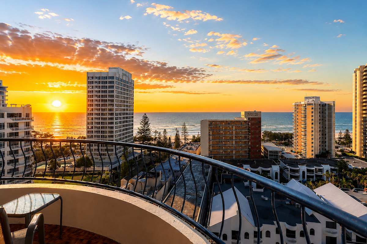 This private balcony gives the apartment an open-air seating space with curved rails, coastal breezes and a wide outlook over Surfers Paradise.
