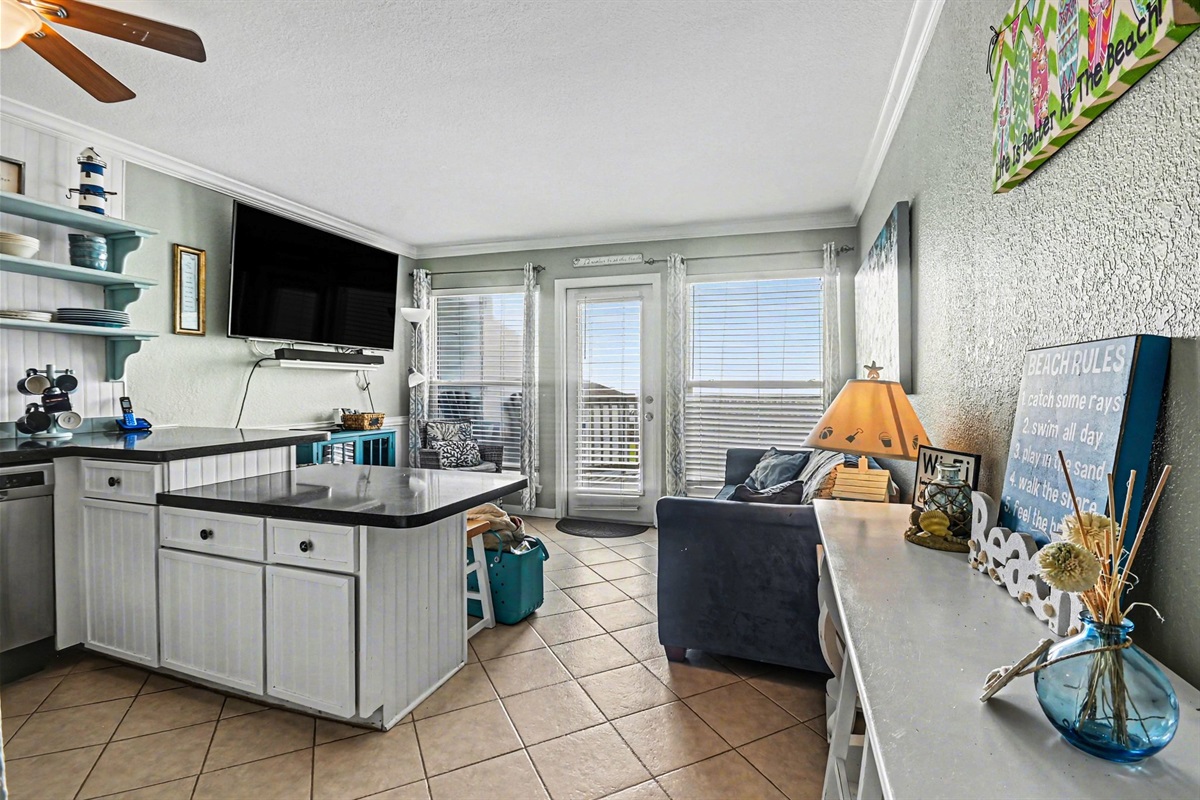 Living room with view of beach