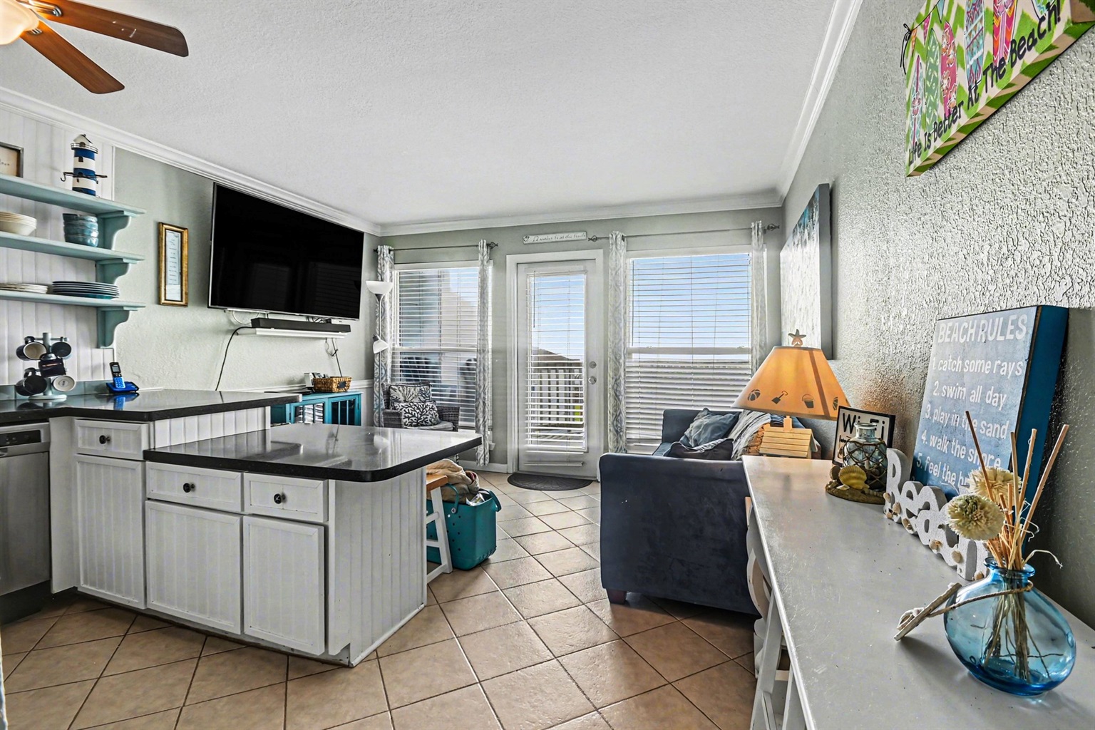 Living room with view of beach
