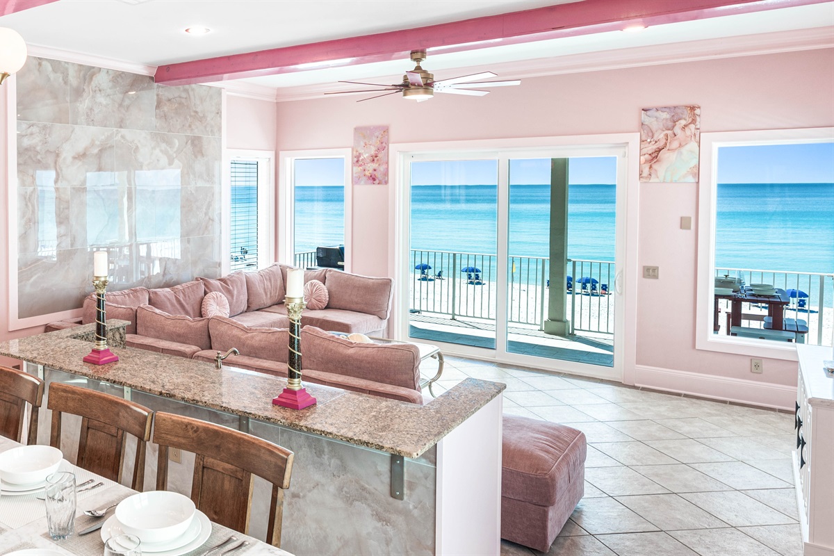 Ice Maker & Wet Bar: Keep the group refreshed with a built-in ice maker and beverage cooler, right by the Gulf-front living room couch! This tech-ready home also features USB ports in every room and a cinematic 85-inch Smart TV for post-beach relaxation.