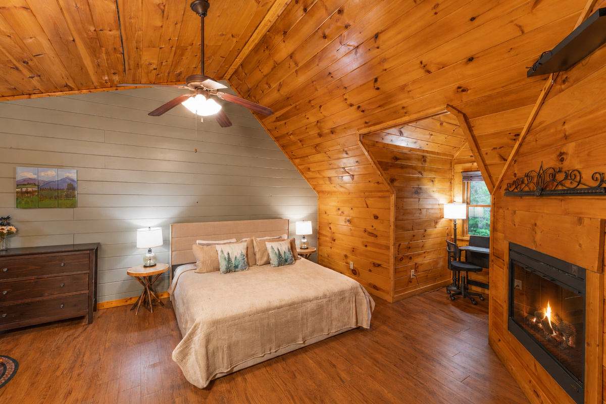 With a private fire place, work space, jacuzzi tub and ensuite bathroom, our spacious master suite is it's own little escape.