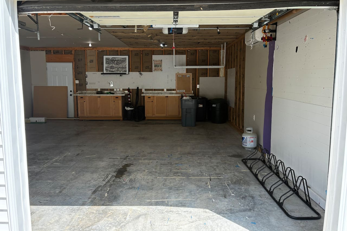 two car garage with 6 space bike stand.