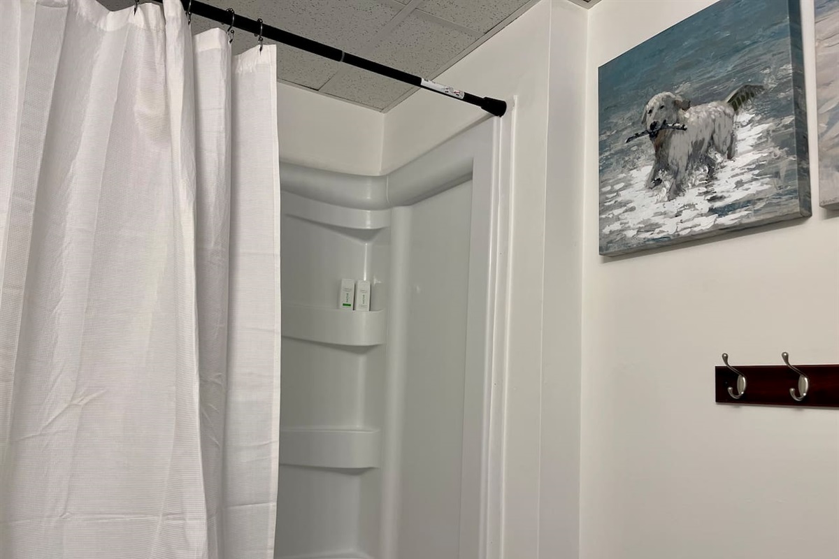 Bright, clean shower with playful beach dog art and hooks for towels—simple, fresh, and fun.