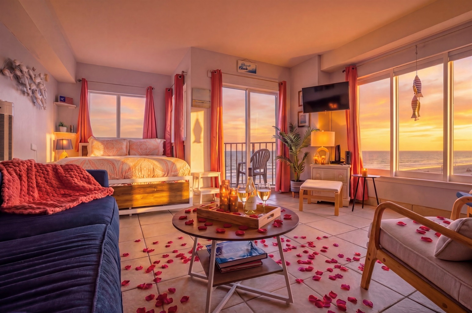 Sunrise Suite is a serene oceanfront studio designed for slow mornings, soft light, and romantic coastal escapes. Wake up in a queen bed with calming blue tones and large windows that let the sunrise pour in — intimate, elevated, and peaceful. ⭐