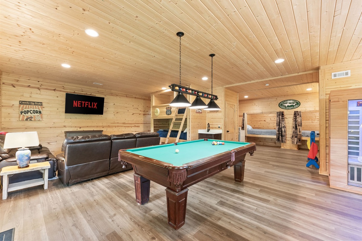 Lower Deck full-size slate pool table for relaxing game nights with family and friends.