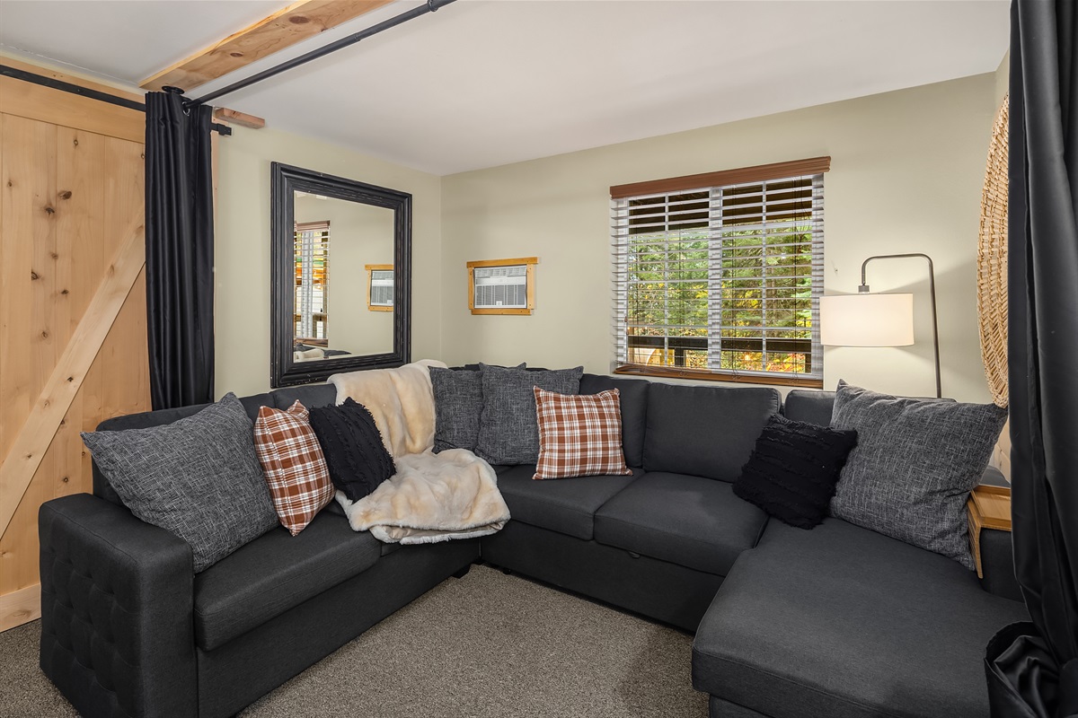 Lower TV room with full-sized pull-out couch, and curtains to provide additional privacy