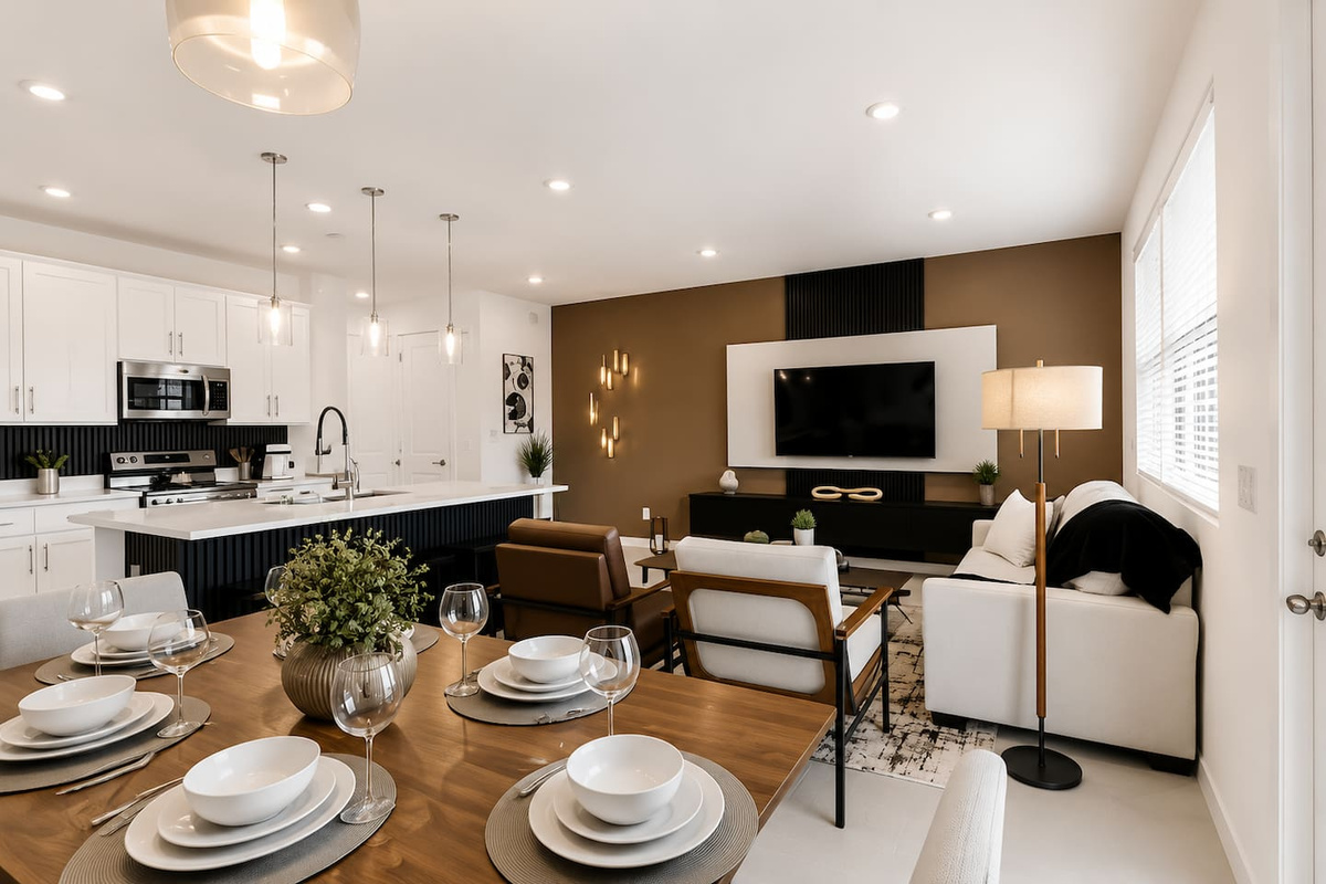 A stylish dining space overlooking the living room and kitchen. Perfect for family dinners! 