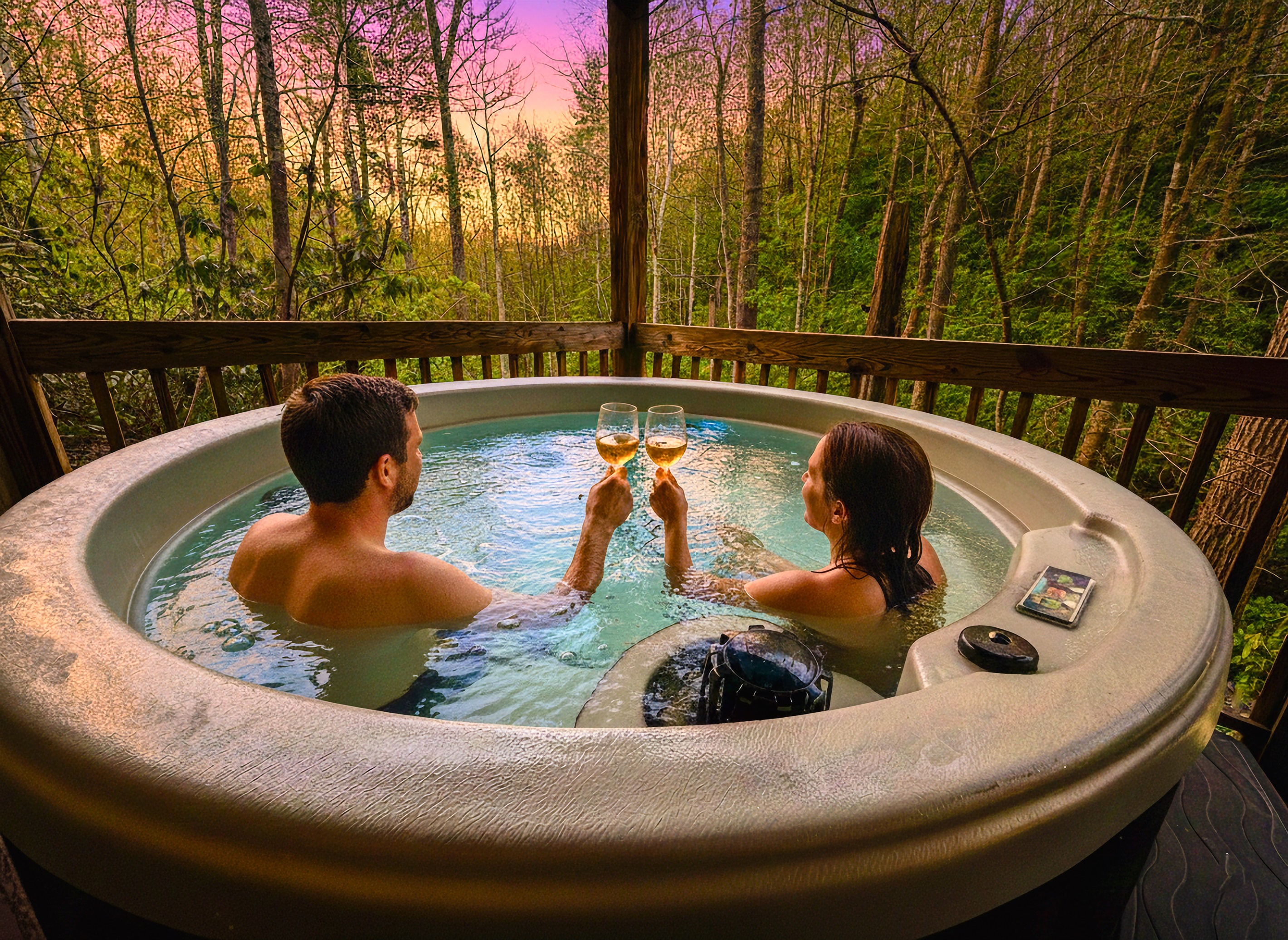 Enjoy a great view of the natural forest from the hot tub on the rear deck