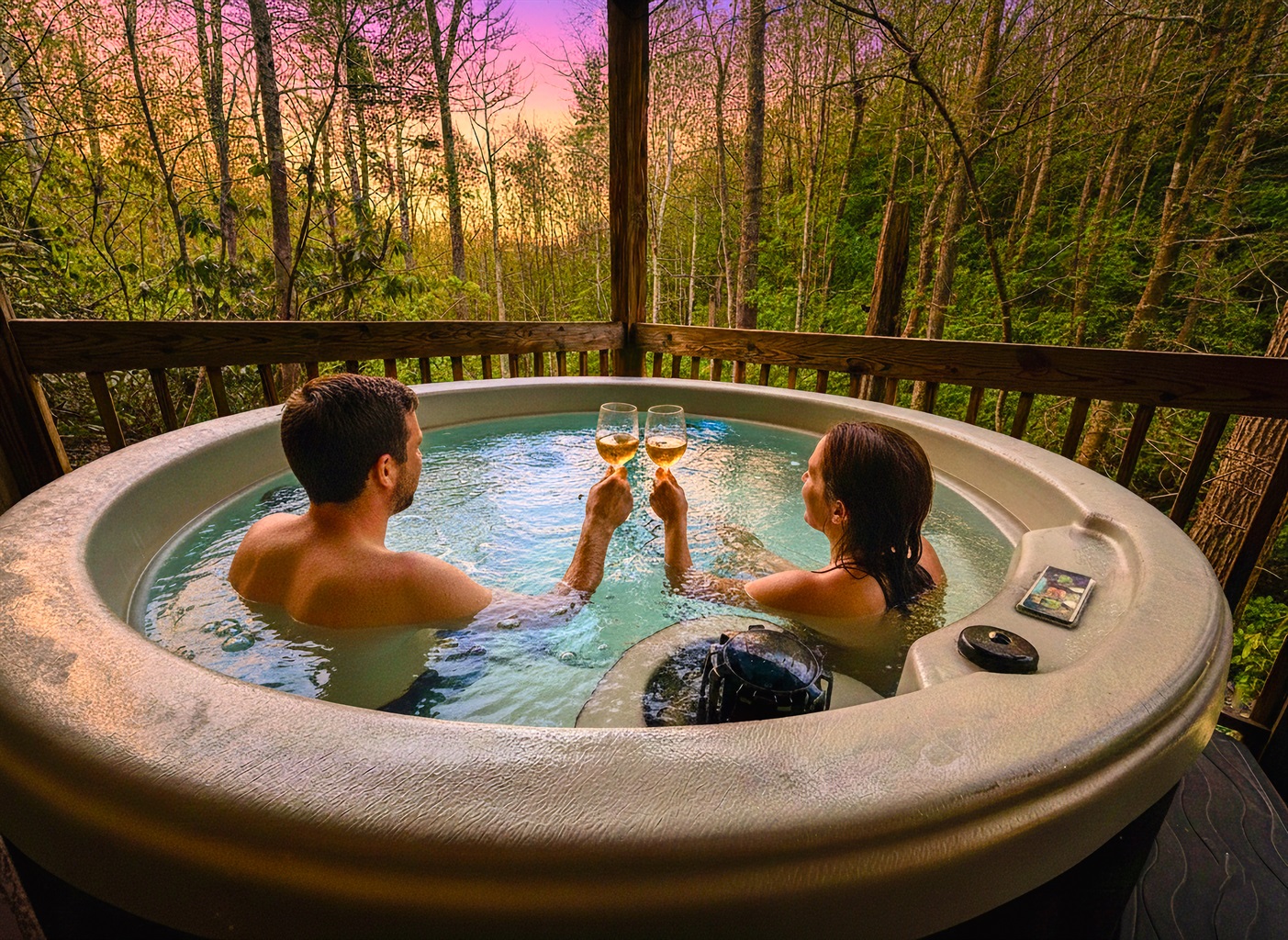 Enjoy a great view of the natural forest from the hot tub on the rear deck