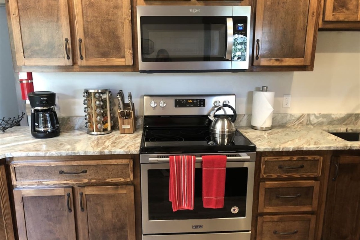 Oven, stove, microwave, and everything you need to cook a meal. 