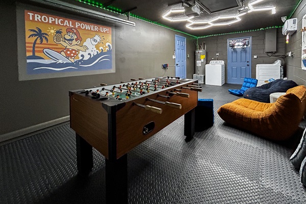 Garage Game Room Air Conditioned with Foosball, Nintendo Switch, Comfortable Seating, Foam Mat Flooring, LED Lights, Mini Basketball, Games, Books & More
