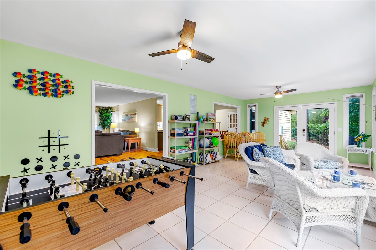 Foosball, games, and amazing hang out spot with lake views.