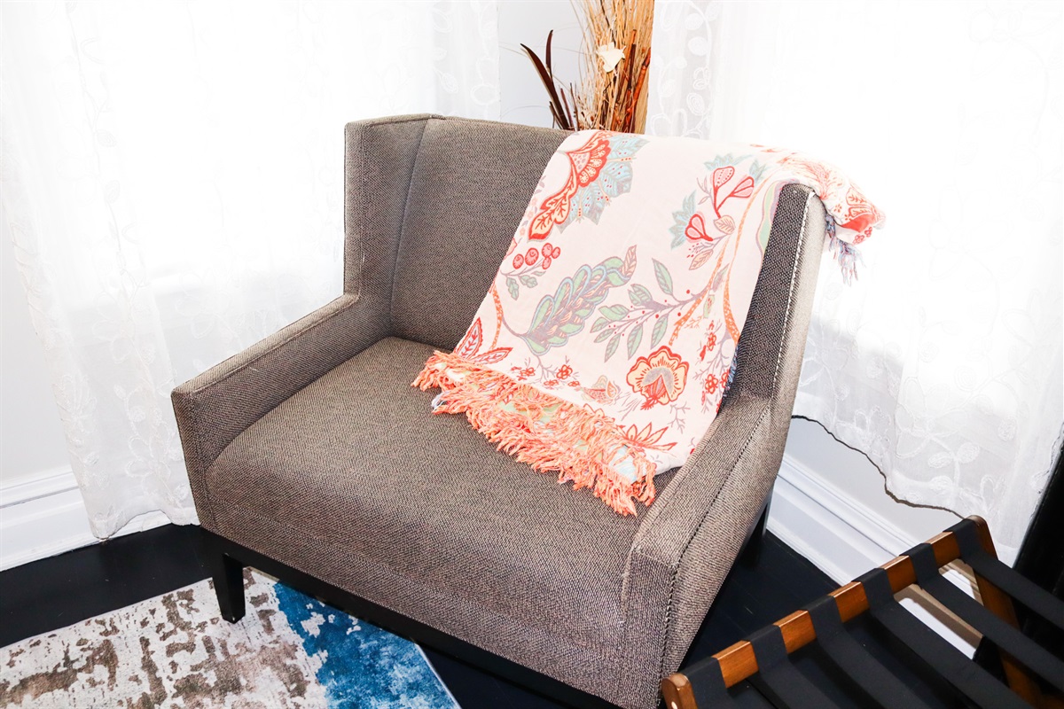 stylish bedroom with queen bed 