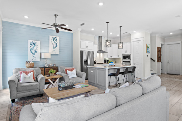 Another look at our open-concept living, kitchen, and dining area—plenty of room for the whole group to hang out and enjoy some quality time together.