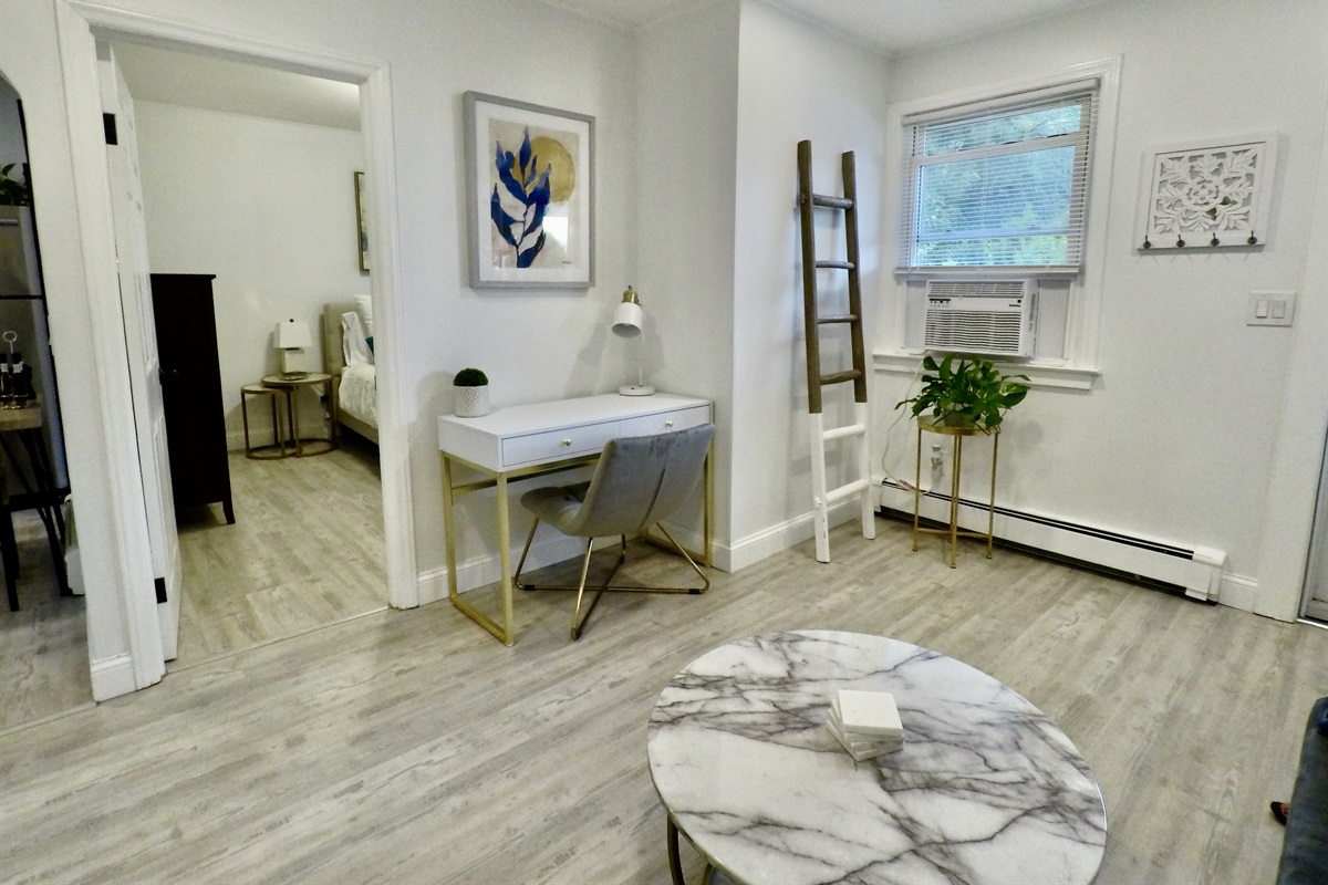 Desk and chair included for business trips or work from anywhere!
