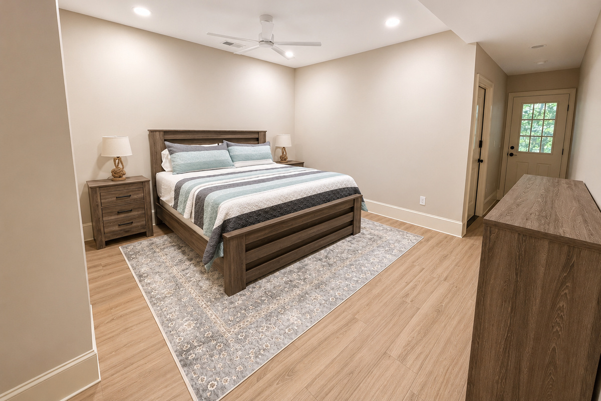 Terrace Level Primary Bedroom with ensuite bathroom & access to lower back porch.