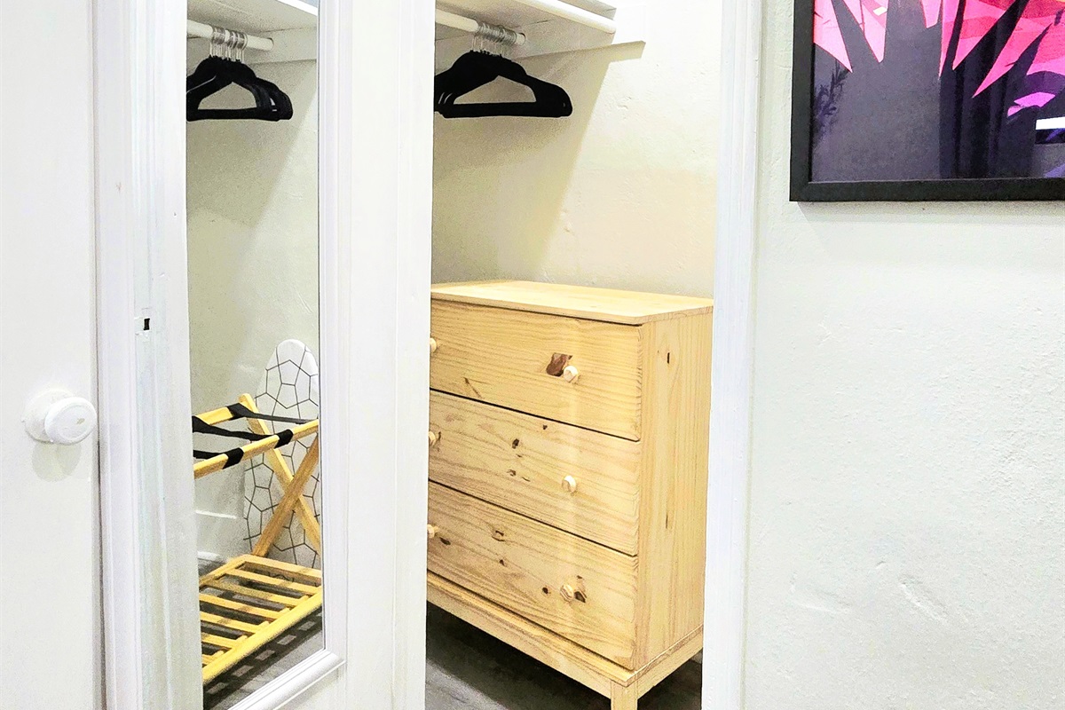 Room 1 - Closet - Safe, Luggage Rack, Ironing Board, & Hangers