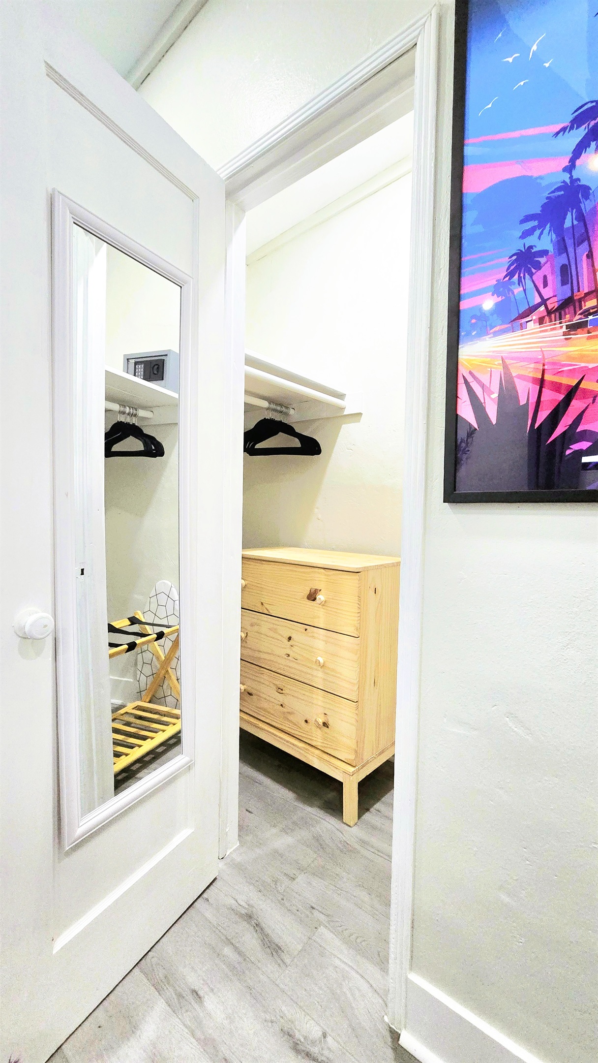 Room 1 - Closet - Safe, Luggage Rack, Ironing Board, & Hangers