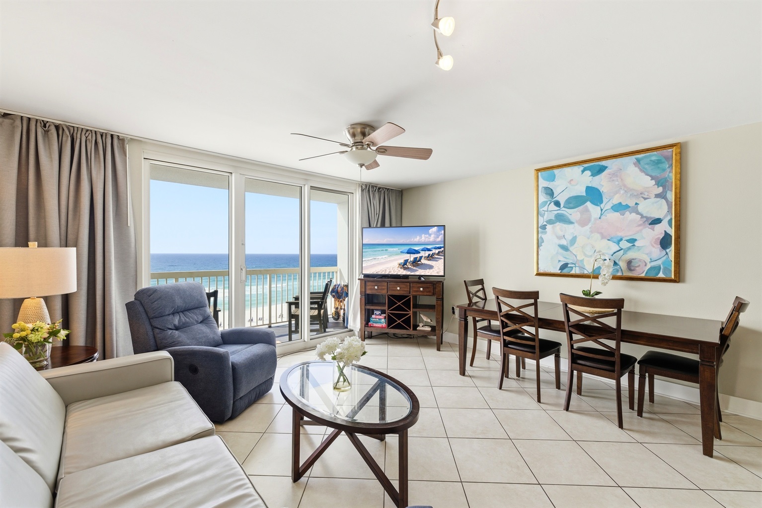 Unit 707 Classic Coastal living room with Gulf views at Pelican Beach Resort Destin