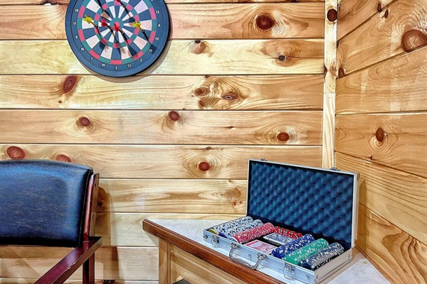 Magnetic dart board and poker set.