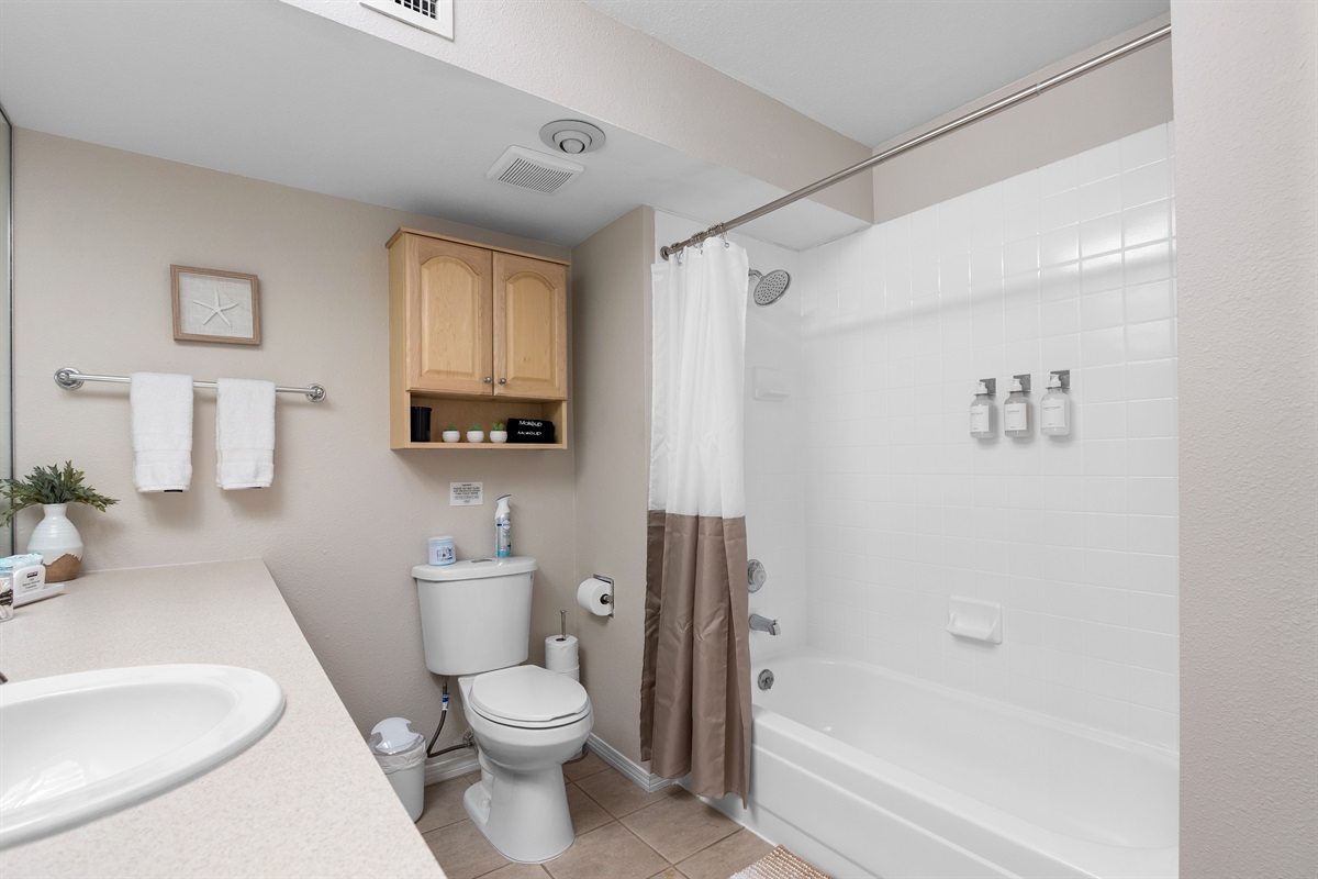 Full bath with comfortable bathmats, and well stocked.