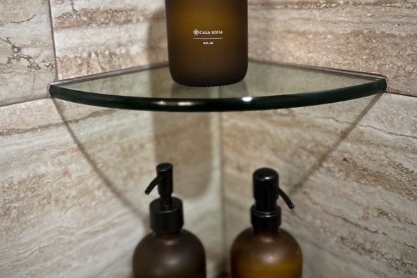 Spa vibes, every shower. Luxury Casa Sof&iacute;a products and a sleek setup make your stay feel like a five-star retreat.