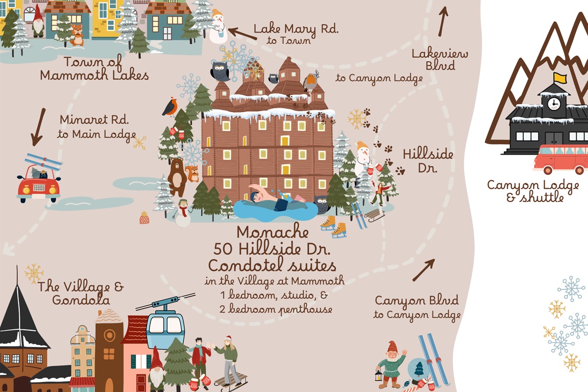 Monache at the Village sits in the heart of Mammoth’s Village, steps from dining, shopping, events, and the Village Gondola connecting directly to Canyon Lodge.