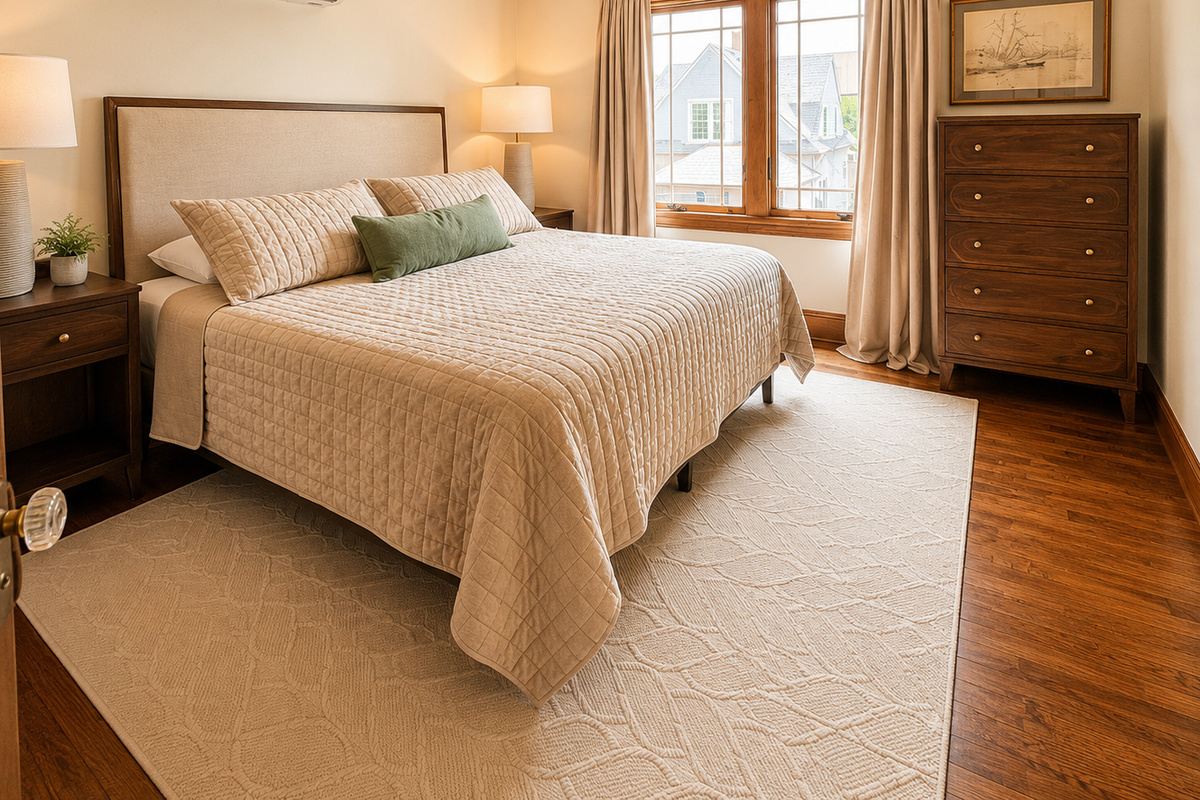 Unwind in this beautifully appointed upstairs bedroom designed for comfort and relaxation. Featuring a California split king-size bed with premium linens, soft neutral tones, and warm wood furnishings.
