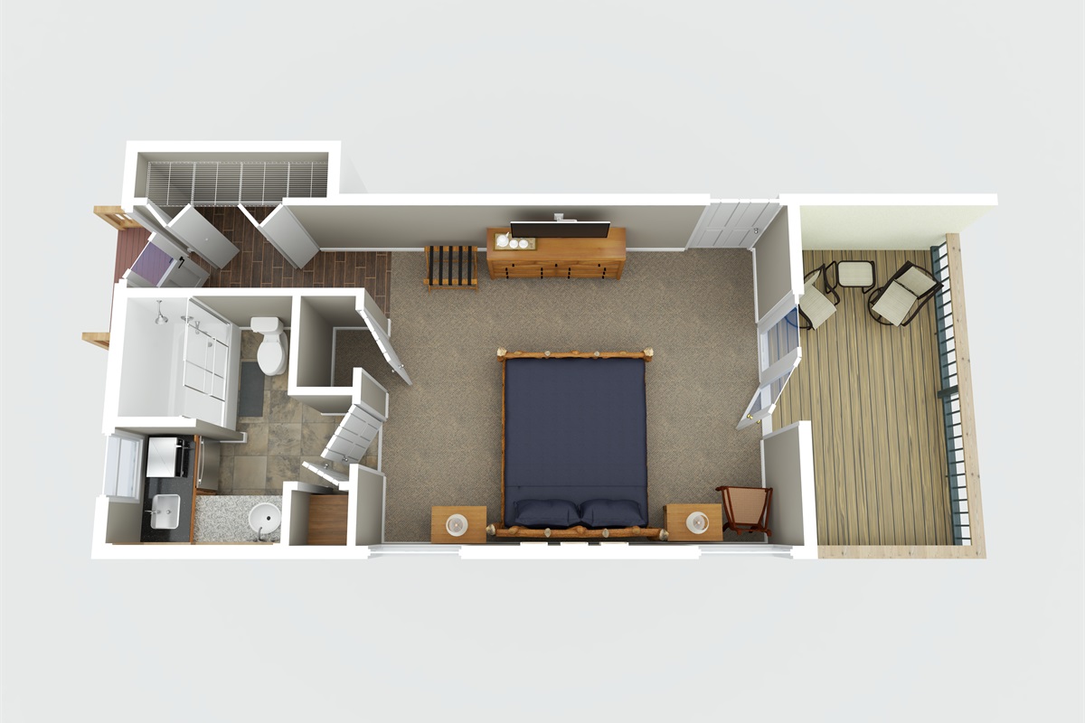 See the full layout of your cozy Mount Yonah retreat—including private deck, full kitchen, and ensuite bathroom!